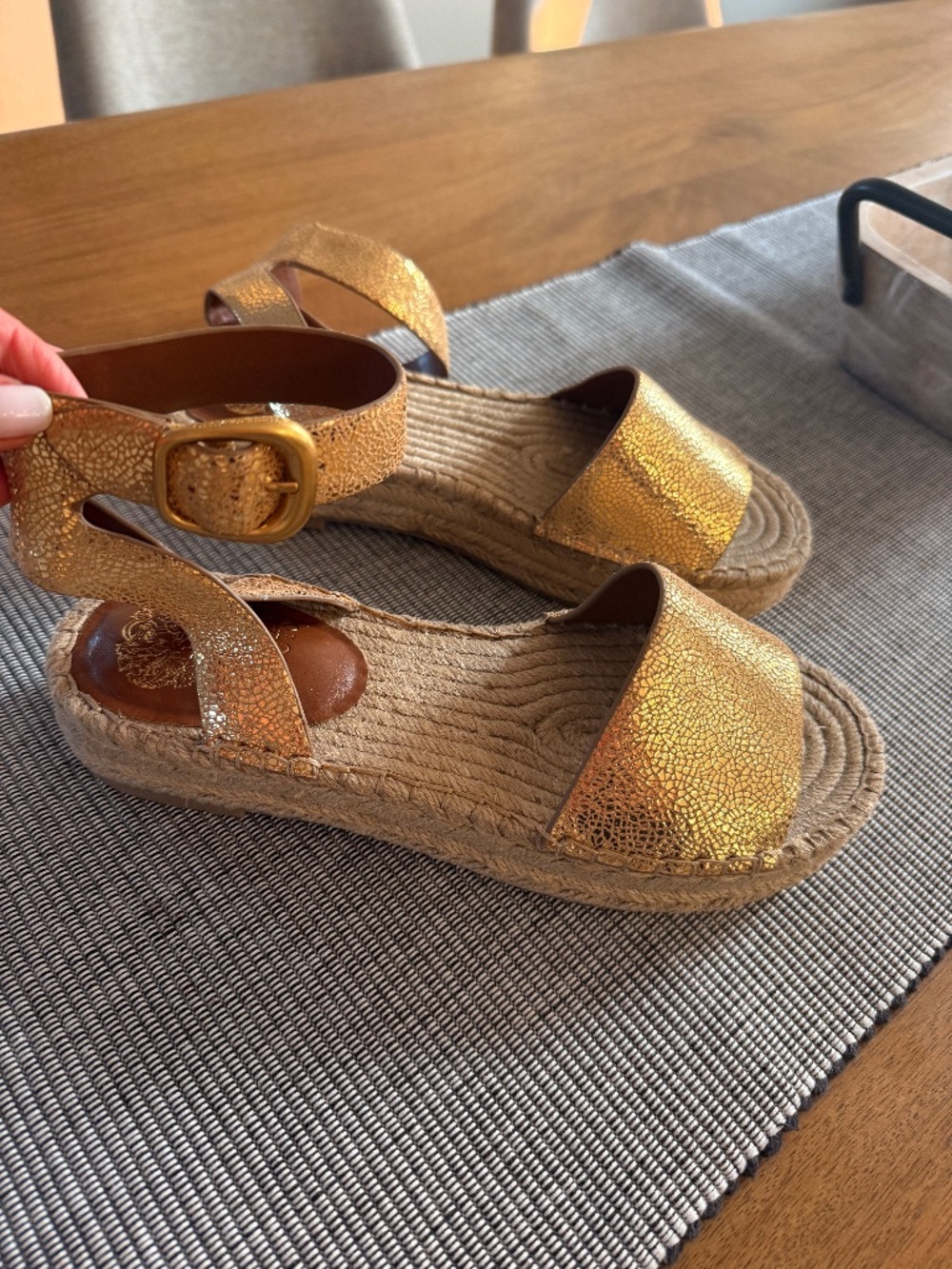 Vince Camuto Gold Leather Platform Ankle Strap Espradrille Sandal